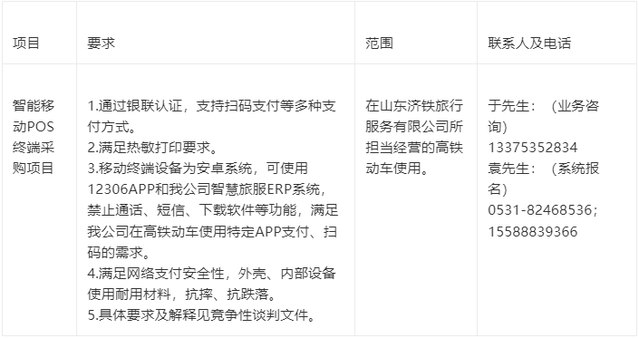 山东济铁旅行服务有限公司智能移动POS终端采购项目招标(图1)